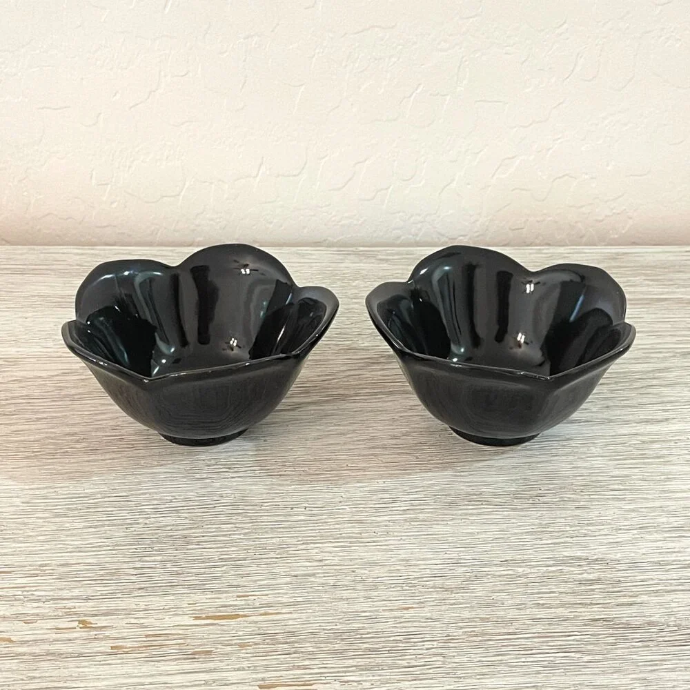 Pier 1 Dishes Bowls Set of 2 Black Flower Shape Ceramic Porcelain